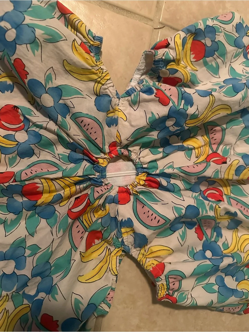 Women’s White Floral & Fruit Cutout Romper - Blue/Yellow/Red Small - Picture 3 of 6